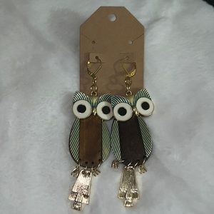 Owl wooden gold and teal handmade earrings, 18k gold plated leverback earrings